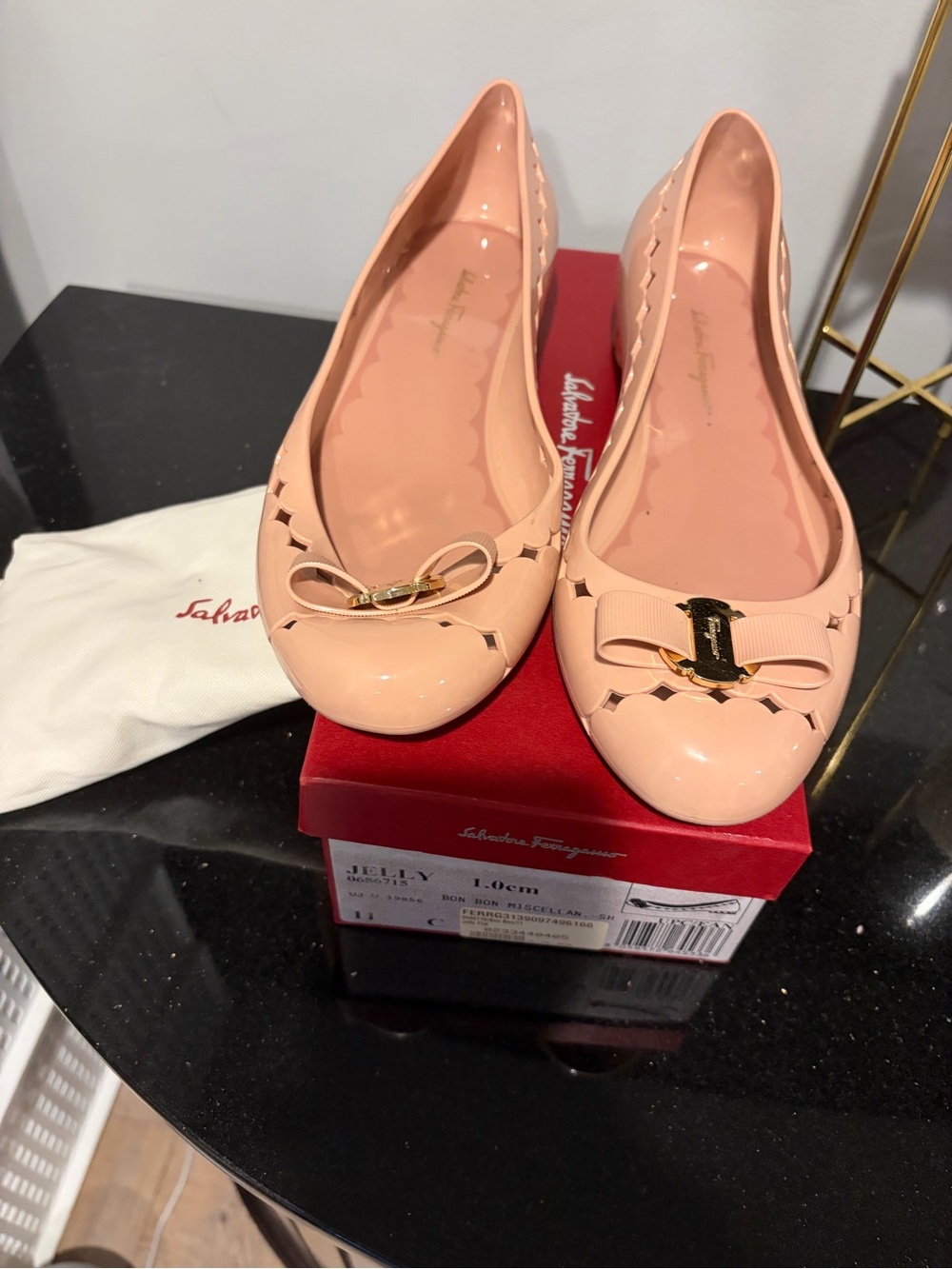 Salvatore Ferragamo Peach Patent Bow Jelly Flats
